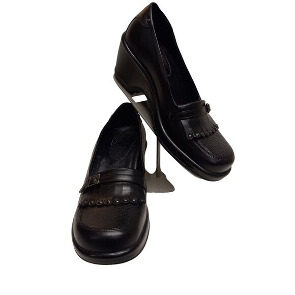 Dansko Size EU 38 US 7.5 8 Womens Black Leather Kiltie Stud Wedge Platform shoes - Picture 1 of 11